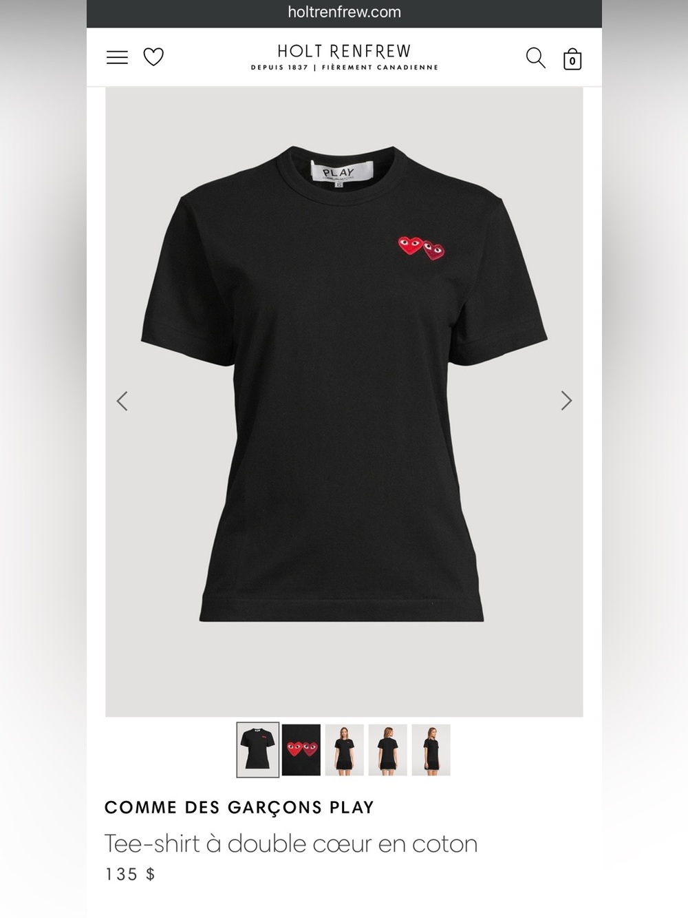 Comme des Garçons PLAY Black Cotton Tee with Red Double Heart Patch